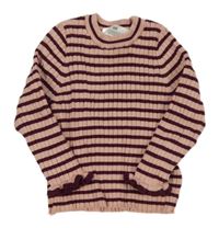 Svetloružová -vínový pruhovaný rebrovaný sveter H&M