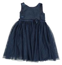 Tmavomodré šusťákovo/tylové šaty s květem H&M