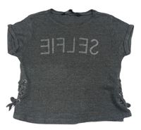 Tmavosivé melírované rebrované crop tričko s nápisom a šnurovaním New Look