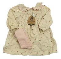 2Set - Světlebéžové manšestrové šaty s tulipánky a límečkem + světlerůžové punčocháče RABBIT BEAR