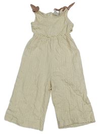 Smotanový rebrovaný vzorovaný nohavicový culottes overal s mašľami ZARA
