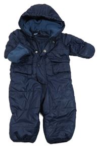 Tmavomodrá prešívaná šušťáková zimná kombinéza s nášivkou a kapucňou impidimpi
