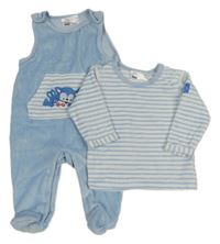 2Set - Světlemodré sametové dupačky s vreckom so zvířátky + světlemodro/bílá pruhovaná mikina Ergee