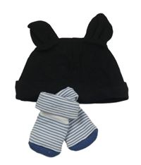 Nové - 2Set - Černá čepice s oušky Disney + modro/bílé pruhované teplé ponožky 