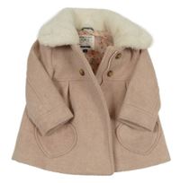 Pudrový melírovaný flaušový podšitý kabát s kožušinovým golierikom C&A