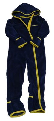 Tmavomodro/žlutá plyšová kombinéza s nápisem a kapucí lupilu