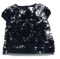 Tmavomodro-stříbrné tylové flitrové podšité slavnostní tričko PRIMARK