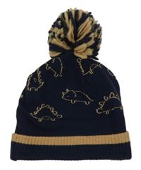 Tmavomodro-béžová čepice s dinosaury a bambulí KIDS FUN