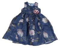 Tmavomodré organzové slavnostní šaty s růžemi a 3D květem LAURA ASHLEY