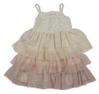 Smetanovo-světlebroskvovo/růžové tylové slávnostné šaty s 3D kvety a trblietkami H&M
