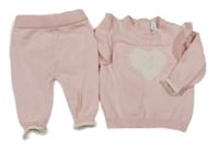 2Set - Svetloružový úpletový sveter so srdiečkom a volánky + nohavice M&S