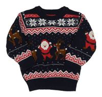 Tmavomodrý vzorovaný vianočný sveter so Santy a sobmi a vločkami PRIMARK
