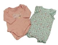 2set - Mátový kvetovaný bavlnený kraťasový overal + ružové body s mačkou