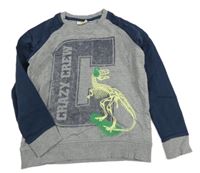 Sivo-tmavomodrá mikina s kostrou dinosaura a písmenem Kids