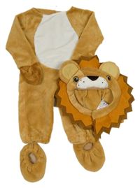 4set - Hnědo-bílý chlupatý overal - lev + maska + ocas + capáčky