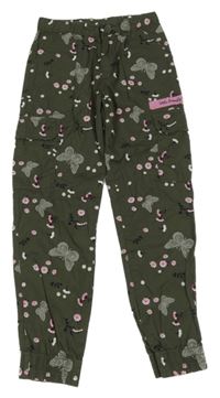 Khaki kvetované plátenné cargo cuff nohavice s motýly Kids