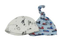 2x čepice - bílá sametová s obrázky + světelemodrá s vlaky