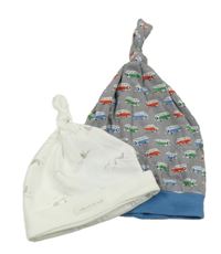 2x čepice - biela s ptáčky + sivá s farebnými autami