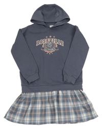 Tmavošedé teplákové šaty s kostkovanou sukní a kapucí Primark