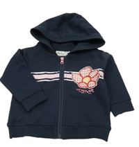 Tmavomodrá prepínaci mikina s pruhom a květem a kapucňou