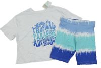 Nové - 2 set - bílé crop tričko s modrým nápisem + modré batikované kraťasy Primark