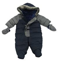 Sivo-tmavomodrá šušťáková zimná kombinéza s kapucňou s kožešinou + rukavice Mothercare