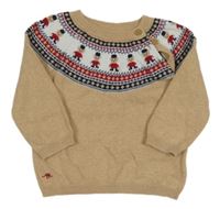 Béžovo-bielo-tmavomodrý vzorovaný sveter s medvedíkmi Mothercare