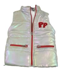 Bielo-červená šušťáková trblietavá zateplená vesta s písmeny