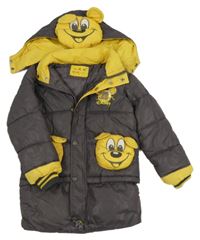 Antracitovo-žlutý šusťákový zimní kabát s Mickeym a kapucí 