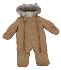 Hnedá šušťáková zimná kombinéza s kapucňou s kožešinou George