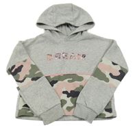 Svetlošedá -kaki-ružovo-tmavosivá crop mikina s nápisom a army prvky a kapucňou F&F