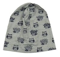 Šedá čepice s ježky a sovičkami 