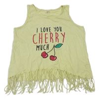 Žlutozelený crop top s nápismi a strapcemi