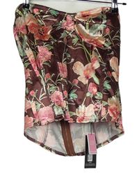 Dámský hnědý květovaný saténový korzetový crop top PrettyLittle Thing