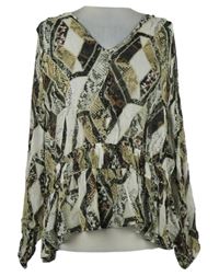 Dámská hnědo-khaki-bílá vzorovaná šifonová peplum halenka H&M