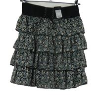 Nové - Dámská černo-barevná kytičkovaná šifonová volánková sukně New Look 