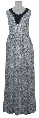Dámske bielo-čierne vzorované žoržetové dlhé šaty s korálkami Orsay