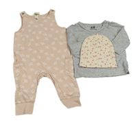 3set- Světlerůžové květinové laclové tepláky+ šedé triko+ květinová čepice