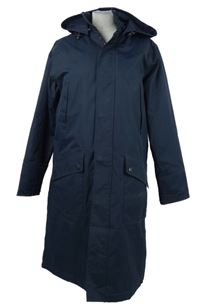 Dámský tmavomodrý šusťákový dlouhý zateplený kabát s odepínací kapucí