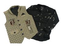 2set - béžová kockovaná vesta + čierna košeľa so stromami