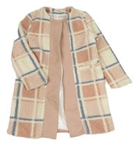 Světlerůžovo-bílo-modrý kostkovaný huňatý podšitý cardigan Shein