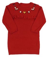 Červené svetrové šaty s kvietkami a volánikom Nutmeg