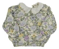 Zeleno-fialovo-smotanová kvetovaná mikina s golierikom Next