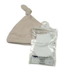 2set - Hnědo-bílá pruhovaná čepice + bílé rukavice - nové