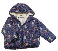 Tmavomodrá květovaná šusťáková zimní bunda s Elsou a Annou a kapucí M&S