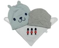 3set - 2x čepice - šedá + světlemodrá s čumákem + bílý slinták