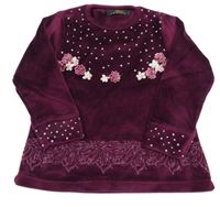 Vínové sametové mikinotriko s perličkami a kvietkami