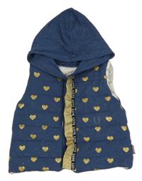 Modro-zlatá tepláková zateplená vesta se srdíčky a kapucí 