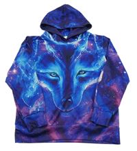 Modro-fialová mikina s vlkem a kapucňou