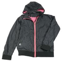 Tmavošedo-ružová šušťáková jarná bunda s kapucňou